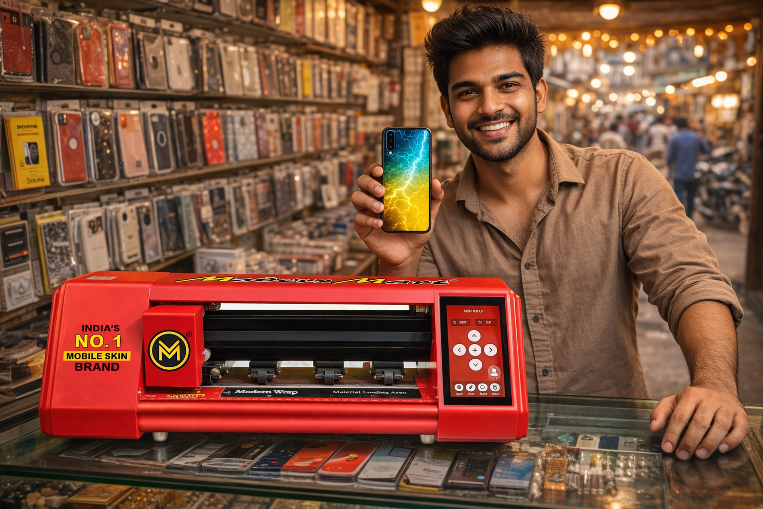 Mobile shop retailer using Modern Mart skin cutting machine